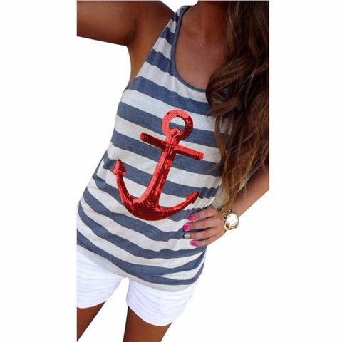 2016 New Fashion Women's Women Stripe Sequin Anchor Sleeveless Vest Tank Shirt Top Blouse Clothes