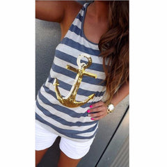 2016 New Fashion Women's Women Stripe Sequin Anchor Sleeveless Vest Tank Shirt Top Blouse Clothes