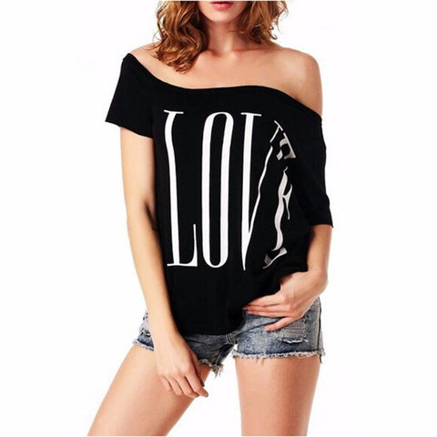 3 Colors Of Printing Love letters Women's Blouse Off Shoulder Short Sleeve Blouse Casual Tops Shirt #LSIW