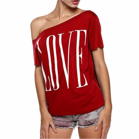 3 Colors Of Printing Love letters Women's Blouse Off Shoulder Short Sleeve Blouse Casual Tops Shirt #LSIW