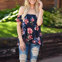 2017 Floral print chiffon blouse women tops Off shoulder Lady Blouse Casual Tops Sexy loose Navy blusas Female Shirts