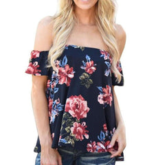 2017 Floral print chiffon blouse women tops Off shoulder Lady Blouse Casual Tops Sexy loose Navy blusas Female Shirts