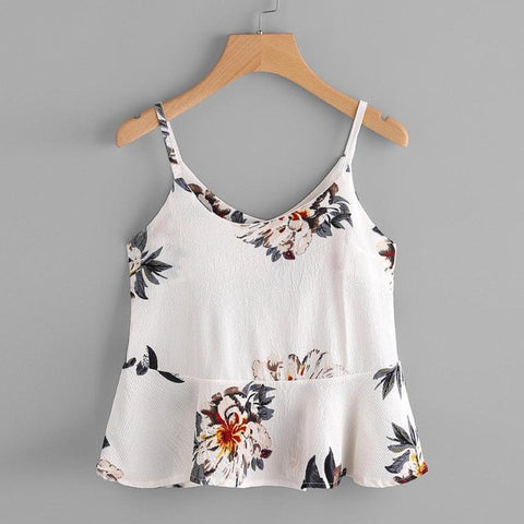 2017 Summer Chiffon Floral printing Blouse Women Casual Sleeveless Crop Top Vest Tank Shirt Cami Top Camisoles White Black