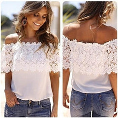 Sexy Women Off Shoulder Blouse 2017 Fashion Beachwear Casual Tops Lace White Chiffon Crochet Shirt