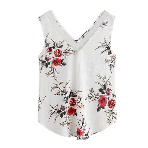 White Chiffon Blouse Women Sleeveless Floral Printed Tank Tops Casual Vest Tank Sexy Deep V White Blusa Top Shirt Blusas Mujer