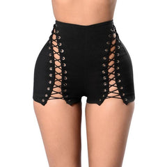 Women Short Pants Fake Sexy Skinny Zippers Bandage High Waist Trousers Stretch Leggings Hollow Out Short Pants Female