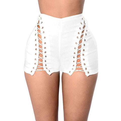 Women Short Pants Fake Sexy Skinny Zippers Bandage High Waist Trousers Stretch Leggings Hollow Out Short Pants Female