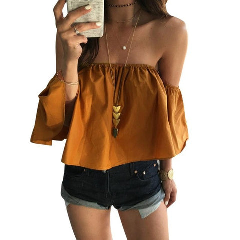 Fashion Ladies Summer Spring 2017 Yellow Blouse Women Off Shoulder Top Casual Shirt Elegant Slim Ruffles Bodycon Blouses