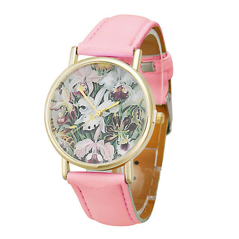 Genvivia 2017 New Arrival ladies sports watches Flowers Women Men Leather Band Analog Quartz Dial Wrist Watch