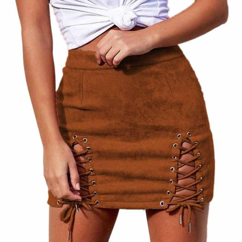 Autumn Winter Lace Up Leather Suede Pencil Skirt Bandage Sexy Elastic Short Skirt Split Bodycon Cross High Waist Skirts Womens