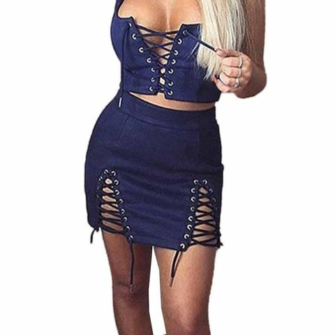 Autumn Winter Lace Up Leather Suede Pencil Skirt Bandage Sexy Elastic Short Skirt Split Bodycon Cross High Waist Skirts Womens