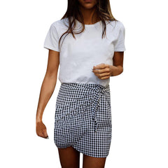 2017 New Arrival Fashion Women Asymmetrical Skirt Plaid High Waist Irregular Casual Lace-Up faldas mujer Mini Skirt