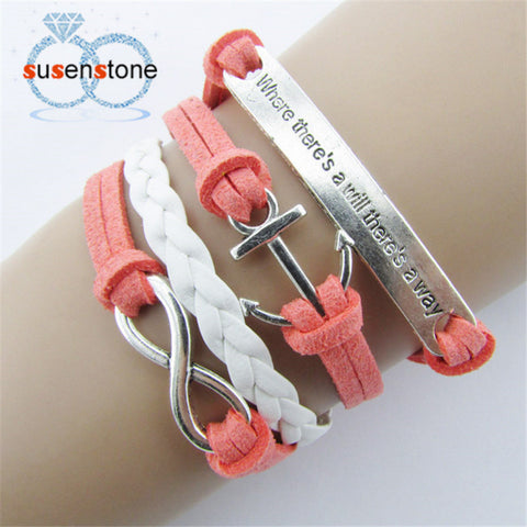 SUSENSTONE ExquisiteNautical Rudder Anchor Bracelet Infinity Handmade Coffee Leather Rope