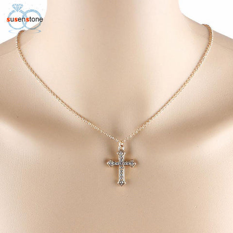 SUSENSTONE Women Girl Rhinestone Cross Pendant Alloy Necklace Clavicle Chain