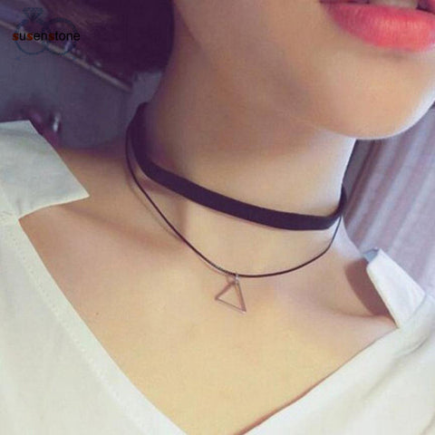 SUSENSTONE Triangle Geometric Pendant Necklaces Sexy Black Charm Bohemia Necklace for Women Leather Choker Necklace