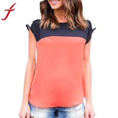 Women Chiffon Tank Tops 2017 Summer Blouse Sexy Lady Vest Top Sleeveless Patchwork Shirt Casual Crop Tops Orange Pink Shirt