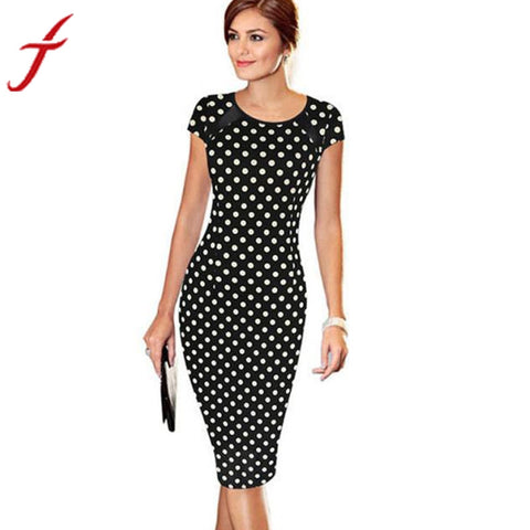 Women Summer Retro FauxOne-Piece Polka Dot Contrast Patchwork Bandage Bodycon Short Sleeve Sexy Party Pencil Knee-Leng Dress