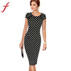 Image of Women Summer Retro FauxOne-Piece Polka Dot Contrast Patchwork Bandage Bodycon Short Sleeve Sexy Party Pencil Knee-Leng Dress