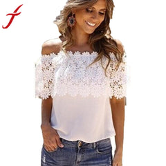 Sexy Women Off Shoulder Blouse 2017 Fashion Beachwear Casual Tops Lace White Chiffon Crochet Shirt