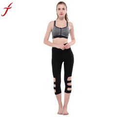 Women Workout Leggings Fashion Hollow Out Medium Waist Fitness Lounge Soild Black Mid-Calf Pants Regular Cropped Trousers