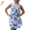 Image of 2017 Beachwear Summer Dress Women Sleeveless Blue Floral Printed Lace Splice Casual Beach Evening Sundress vestido de festa