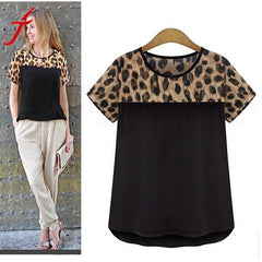 Fashion Women Casual Blouse Short Sleeve Round Neck Leopard Print Chiffon Summer Patchwork Shirts Tops blusas femininas #LSN