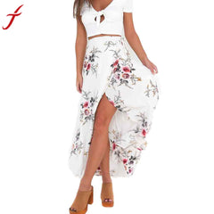 Flower Printing Long Skirt Women Elegant Beach Maxi Skirt Boho Sexy Asymmetrical High Waist Slim White Party Skirt