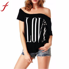 3 Colors Of Printing Love letters Women's Blouse Off Shoulder Short Sleeve Blouse Casual Tops Shirt #LSIW