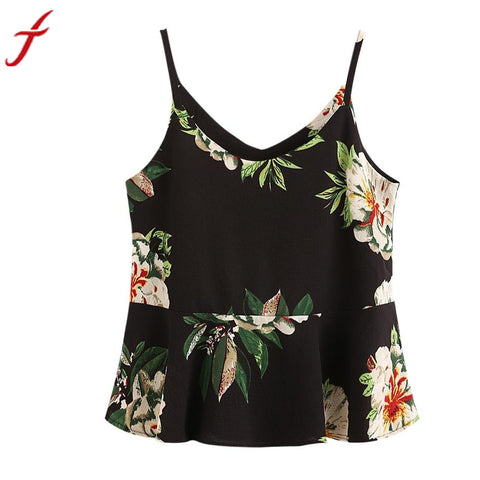 2017 Summer Chiffon Floral printing Blouse Women Casual Sleeveless Crop Top Vest Tank Shirt Cami Top Camisoles White Black