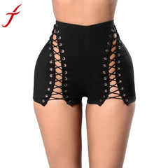 Women Short Pants Fake Sexy Skinny Zippers Bandage High Waist Trousers Stretch Leggings Hollow Out Short Pants Female