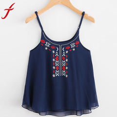 Chiffon Women sexy O neck Floral Embroidery Crop Top Camis Blouse Spaghetti Strap Shirts Ladies Summer Casual Blouse Blusa