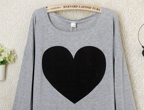 Fashion Women Love Heart Printed Long Sleeved Round Neck T-Shirt S