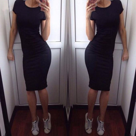 Women Fashion Sexy Solid Short Sleeve  Slim Dress