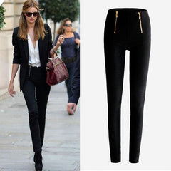 Lady Zip Pencil Pants High Waisted Stretch Leggings Trousers Pants BK/S