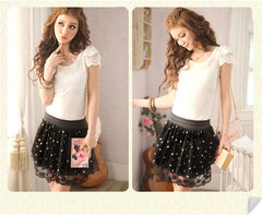 Fashion Summer Women Chiffon Lace Skirt Polka Dot Pleated Mini Skirt Elastic Waist Lovely Short Skirt Black