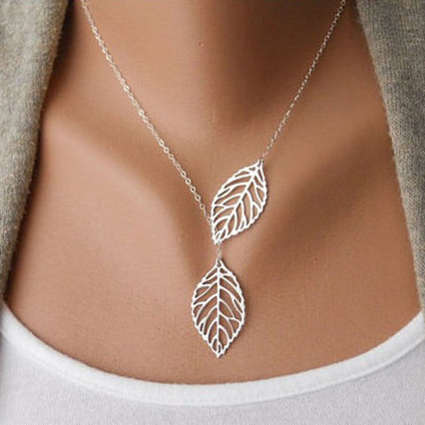 1PC Womens Girls Simple Metal Double Leaf Pendant Alloy Choker Necklace