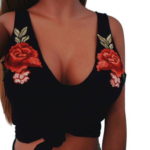 Women Fashion Sexy V-Neck Appliques Rose Sleeveless Tanks & Camis Tops Blouse