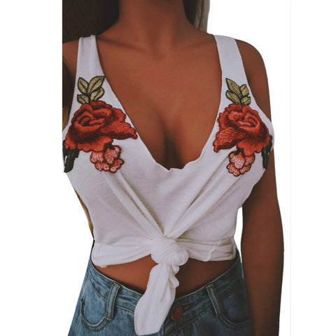 Women Fashion Sexy V-Neck Appliques Rose Sleeveless Tanks & Camis Tops Blouse