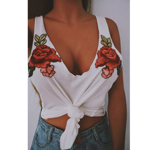 Women Fashion Sexy V-Neck Appliques Rose Sleeveless Tanks & Camis Tops Blouse